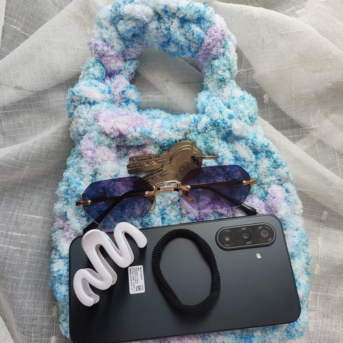 Handmade soft crochet handbag in blue and turquoise, new