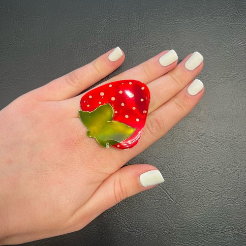 Strawberry ring handmade silver 925 with enamel like new