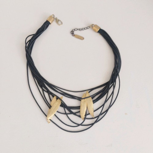 Necklace like new with black leather cord and gold-plated olive leaves
