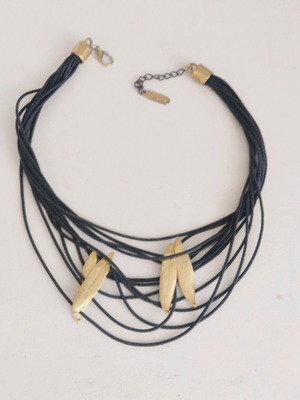 Necklace like new with black leather cord and gold-plated olive leaves