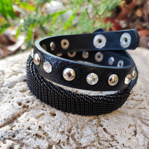 Bracelet with rhinestones and studs, like new, black leather