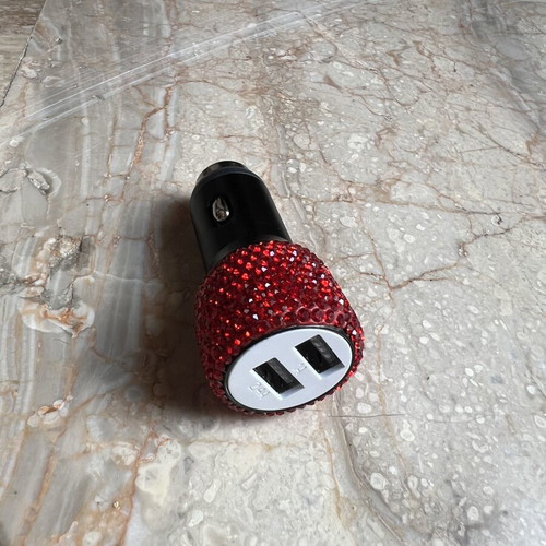 Car charger with red rhinestones and dual USB ports, new