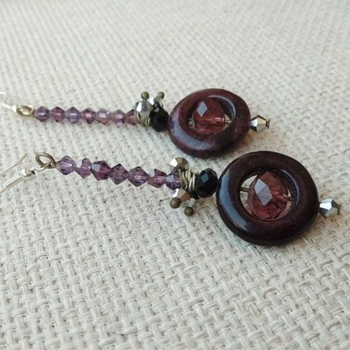Earrings handmade with purple crystals and semi-precious stone
