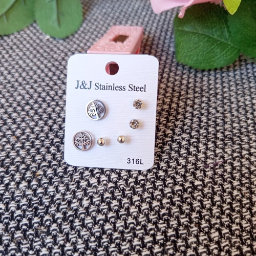 Set of 3 new stainless steel earrings with tree of life design
