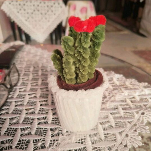 Handmade Blooming Cactus in White Pot made of Pipe Cleaner