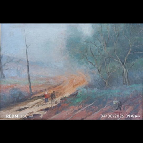 Oil painting used, provincial landscape with figures by D. Bouki
