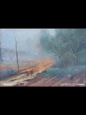 Oil painting used, provincial landscape with figures by D. Bouki