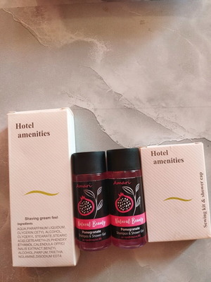 Travel set new with pomegranate shampoo, shower gel, shaving cream, sewing kit and shower cap