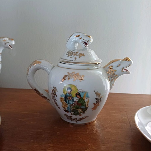Japanese eggshell porcelain tea set new with lithophane Geisha and gold details