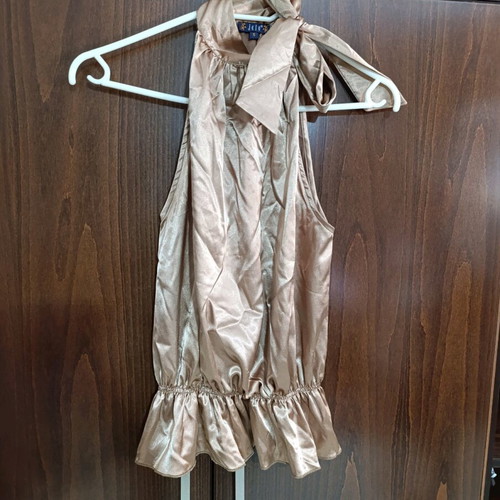 Jelo satin blouse brown small like new with neck tie cut out