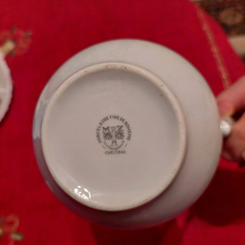 Bohemian porcelain teapot and sugar bowl like new, white with gold trim and floral design