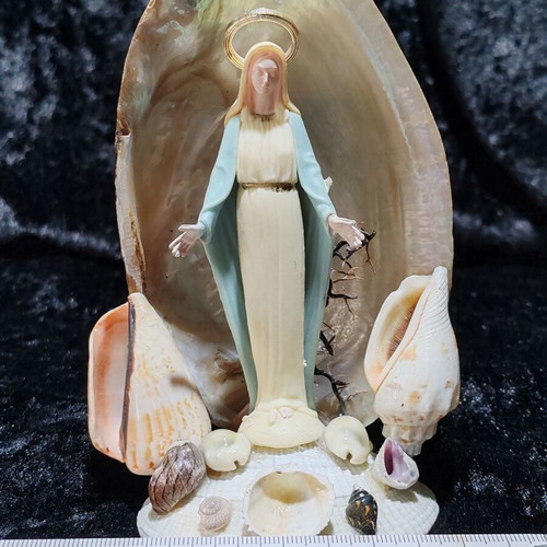 Handmade Virgin Mary statue with natural seashells
