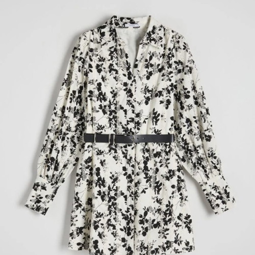 Reserved floral black and white dress with black belt XL
