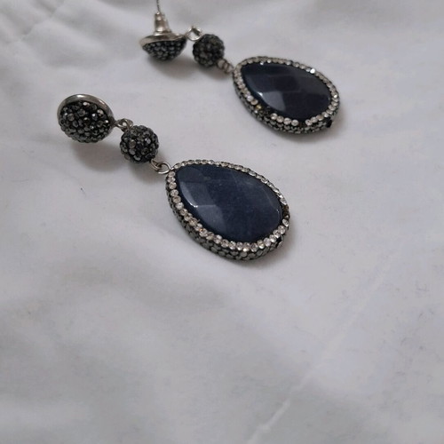 Handmade teardrop earrings with blue stone and rhinestones like new