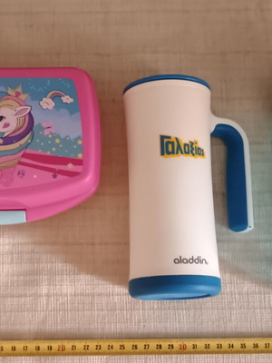 Camping set like new with plastic food container, mini thermos, and bottle