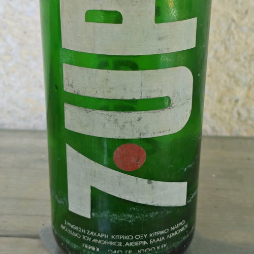 7up glass bottle 1 liter used, vintage 1980s