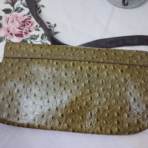 Luana Vintage Ostrich Print Shoulder Bag used, olive green