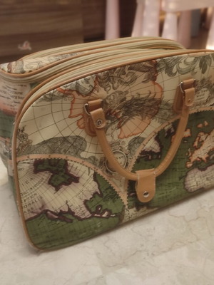 Travel handbag with map design used, synthetic leather and canvas