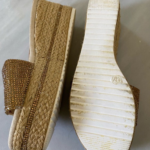 Gold slippers with straw platform and rhinestones like new