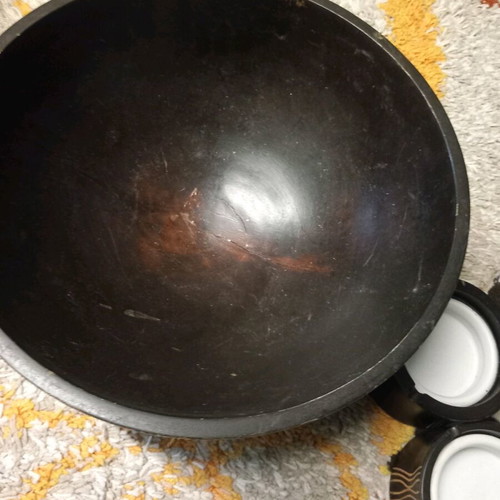 Wooden large bowl used with two ashtrays and a tray