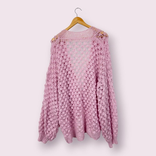 Handmade knitted cardigan like new, oversize, pink, wool blend with mohair