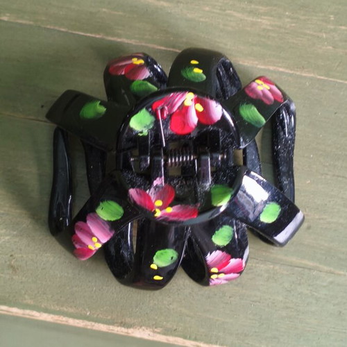 Frida Kahlo Hair Claw like new, black with painted flowers