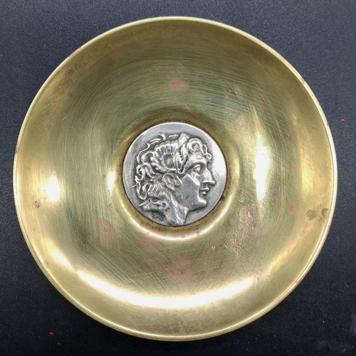 Vintage Decorative Plate Paperweight Lalaounis Style Used, Brass and Silver