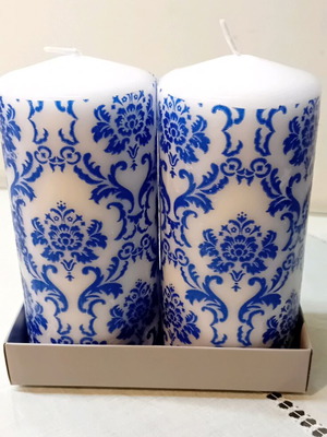 Set of 2 handmade pillar candles 15cm white blue in porcelain style opportunity offer