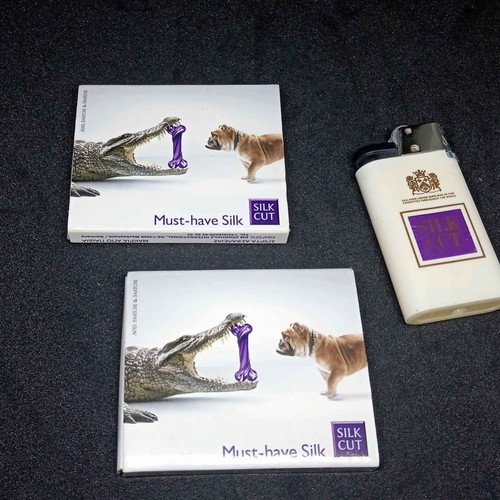 Silk Cut pack used with pen, matches and lighter