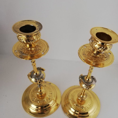 Pair of French dore empire candlesticks used, height 23 cm