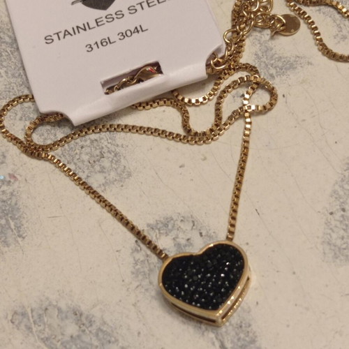 Stainless Steel Heart Necklace with Black Strass, new