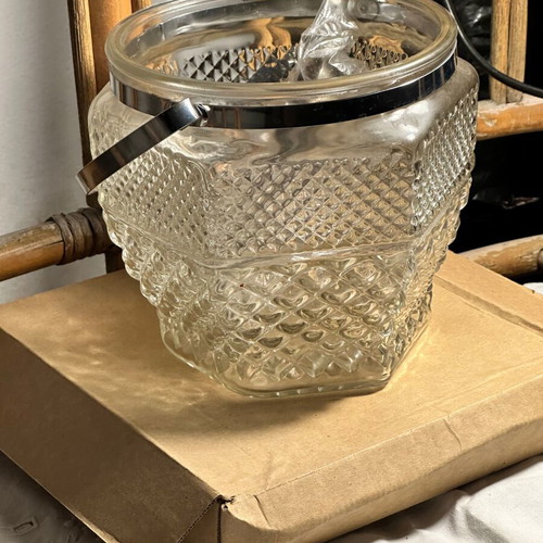Glass ice bucket used with silver rack and engraved design