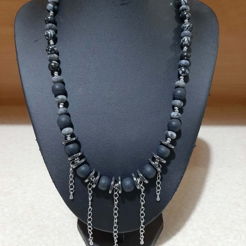 Necklace with matte onyx, larvikite, obsidian, hematite in steel new
