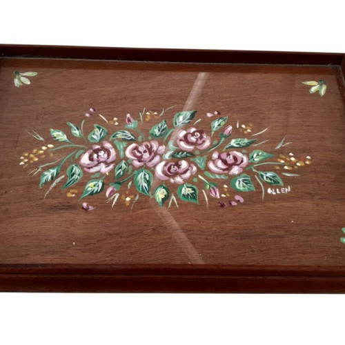 Wooden serving tray hand-painted with glass, used