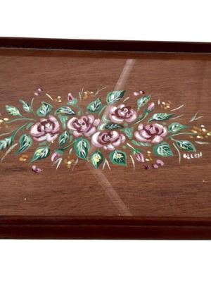 Wooden serving tray hand-painted with glass, used