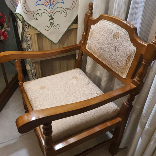 Wooden vintage armchairs used, set of two with upholstery