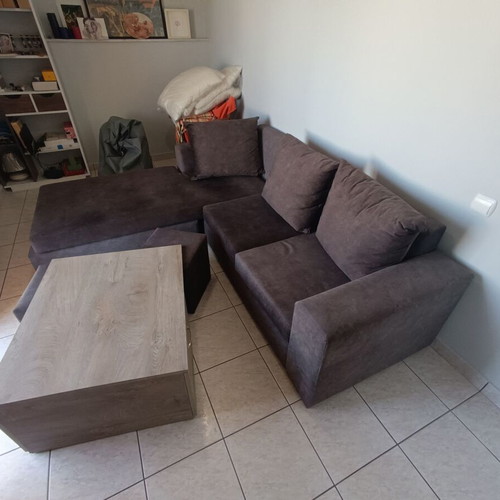 Corner sofa with waterproof fabric, cushions and coffee table with stools and storage cabinets