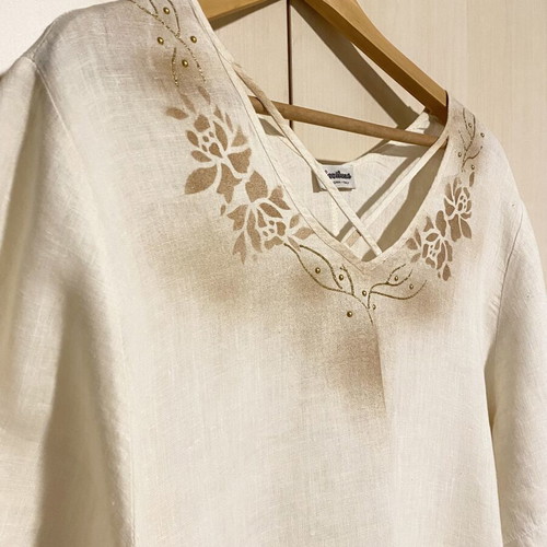 Mariluna Linen Long Dress New, White with Gold-Brown Details