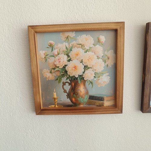 Decorative painting with wooden frame, peonies vase theme, like new
