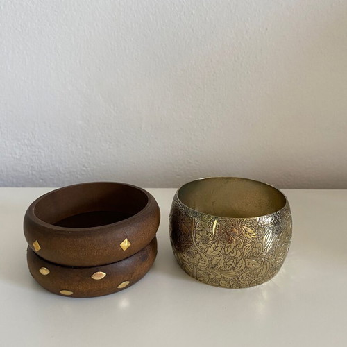 Wooden and carved gold bracelets set of 3 pieces