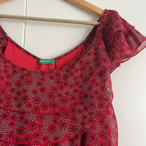 United Colors of Benetton Red Floral Ruffle Maxi Dress M38 Like New