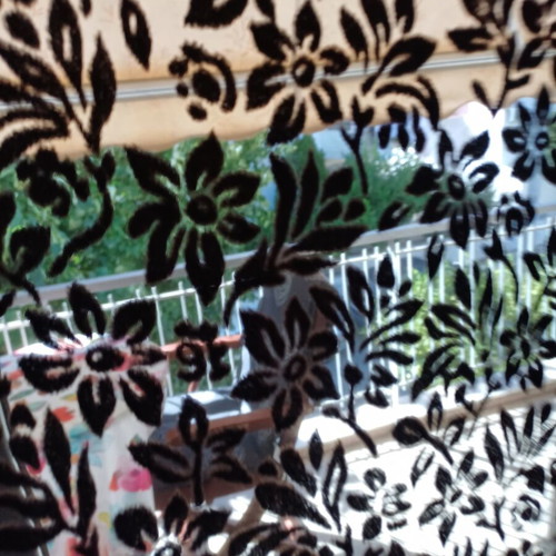 Black transparent fabric with velour floral patterns, new, 4.20 x 1.20m