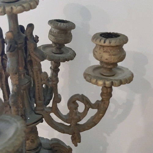Bronze candlesticks used, pair with patina and carved base