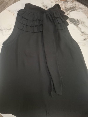 BSB black sleeveless blouse with ruffles and bow, size S