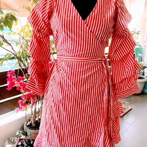 Vila striped white red wrap mini dress like new, cotton, size M
