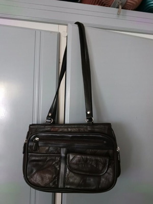 Vintage shoulder bag with leather patches used, brown and cypress