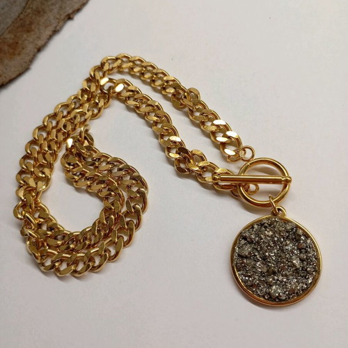Necklace with pyrite handmade, gold plated stainless steel new