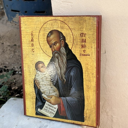 Βυζαντινή εικόνα Αγίου Συμεών του Θεοδόχου με το Θείο Βρέφος, ξύλινη βάση