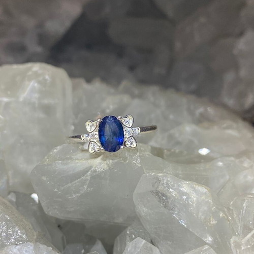 Handmade silver ring with natural blue sapphire and moissanites size 6