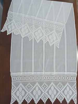 Vintage fabric table runner with handmade lace and azur details